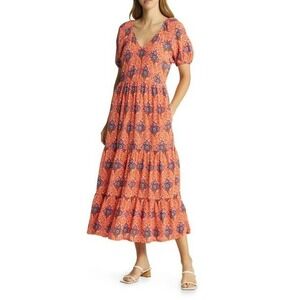Boden Floral Print Tiered Midi Dress in Fire Poppy Bloom V Neck Puff Sleeve 10R